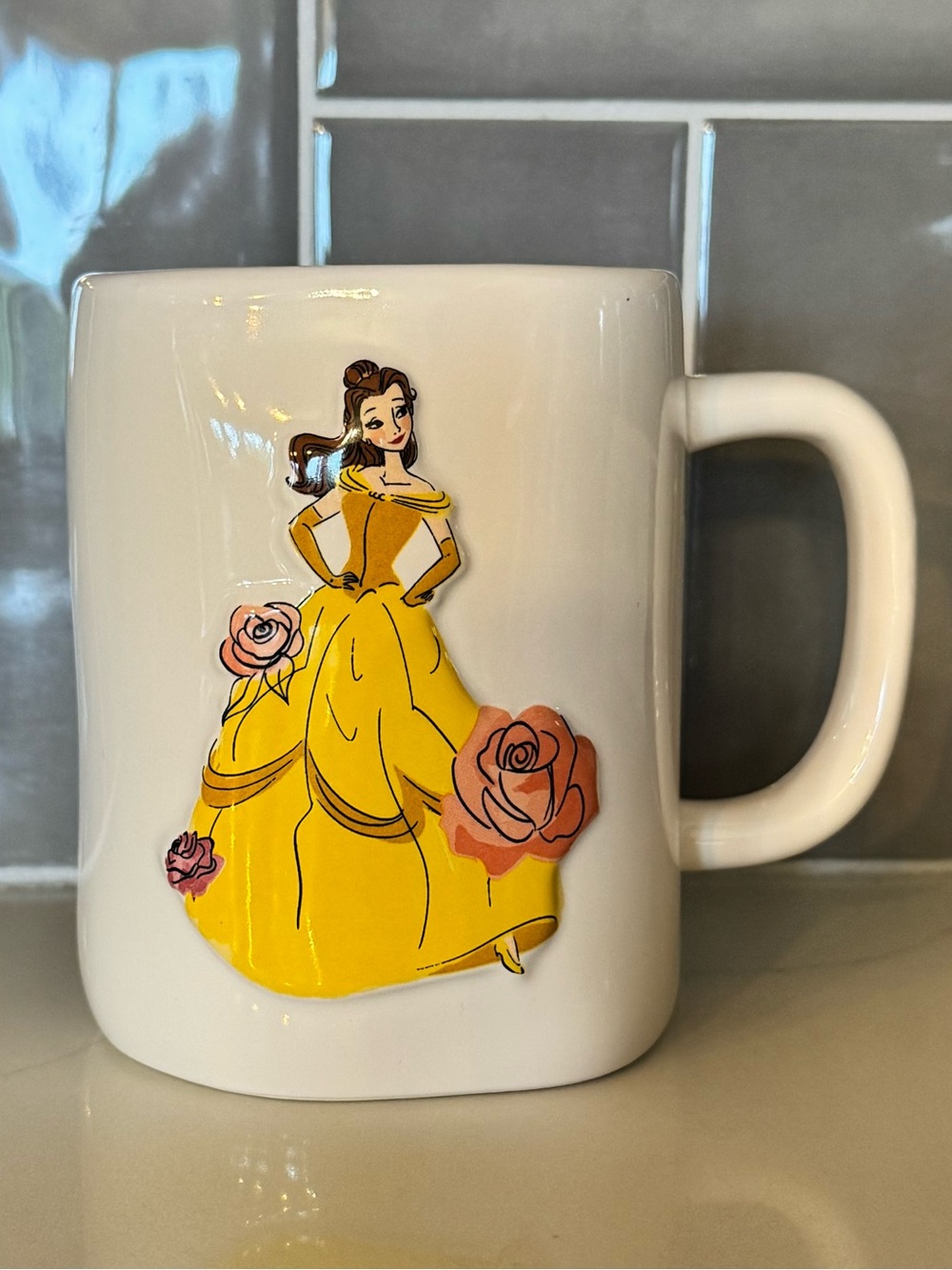 Rae Dunn White Ceramic Mug with Princess Belle Illustration